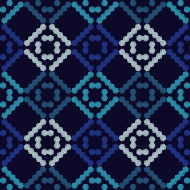 Etnik boho kusursuz desen. Dantelli. Kumaş üzerine nakış. Yama dokusu. Dokuma. Geleneksel süs. Kabile düzeni. Halk motifi. Web tasarımı veya yazdırma için vektör illüstrasyonu.