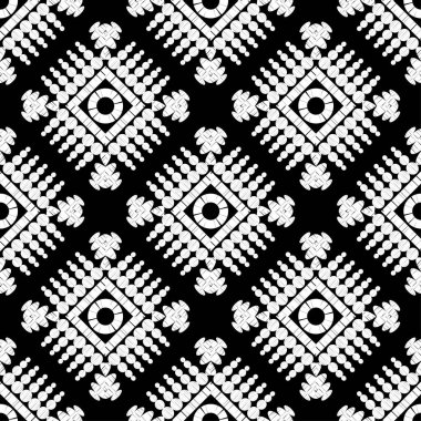 Siyah beyaz tasarım. Etnik boho kusursuz desen. Dantelli. Kumaş üzerine nakış. Yama dokusu. Dokuma. Geleneksel süs. Kabile düzeni. Halk motifi. Web tasarımı veya yazdırma için vektör illüstrasyonu.
