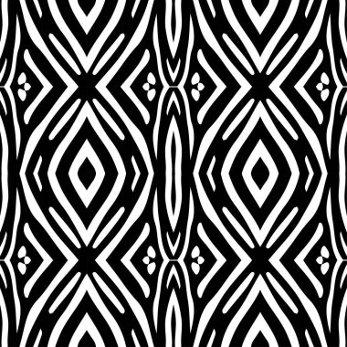 Zebra çizgili siyah beyaz tasarım. Etnik boho kusursuz desen. Dantelli. Kumaş üzerine nakış. Yama dokusu. Dokuma. Geleneksel süs. Kabile düzeni. Halk motifi. Web tasarımı veya yazdırma için vektör illüstrasyonu.