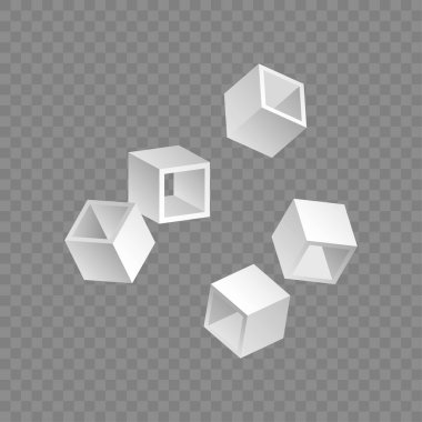Beyaz küpler. 3D modellik. Şeffaf arkaplanda izole edilmiş. Web tasarımı veya yazdırma için vektör illüstrasyonu.