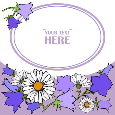 Çanlar ve Papatyalar 'ın olduğu tebrik kartı. Mesaj için yer var. Web tasarımı veya yazdırma için vektör illüstrasyonu.