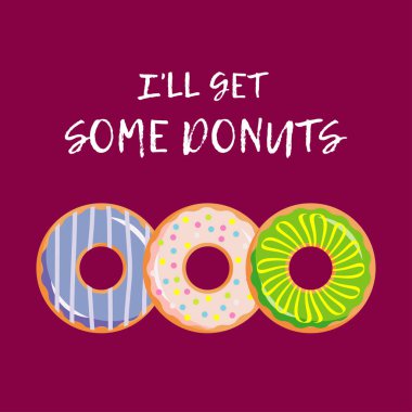 Donutlu komik tebrik kartları. Poster veya menü tasarımı için biçim. Web tasarımı veya yazdırma için vektör illüstrasyonu.