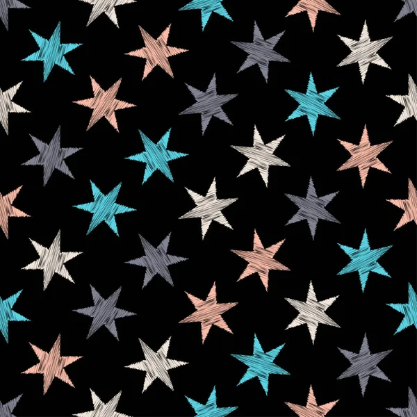 Nahtloser Hintergrund Mit Gezeichneten Sternen Hatch Nachthimmel Vektor Illustration Für — Stockvektor