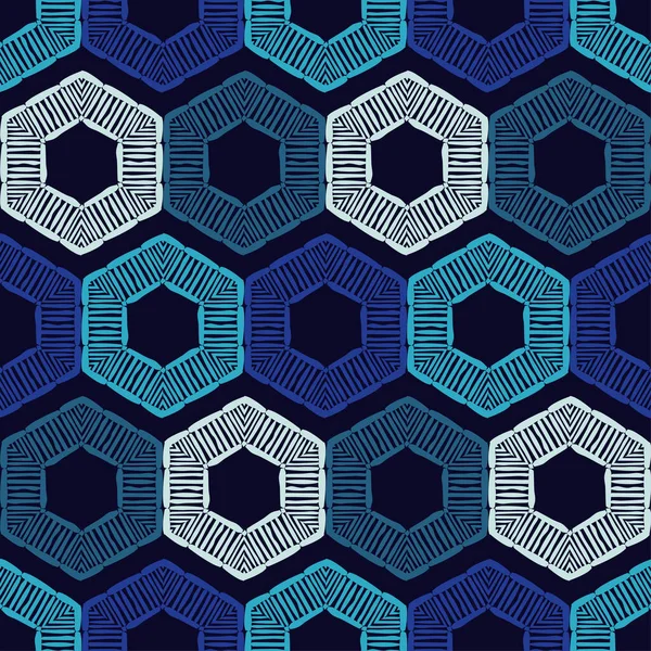 Hexagon Design Med Manuell Kläckning Etnisk Boho Prydnad Sömlös Bakgrund — Stock vektor