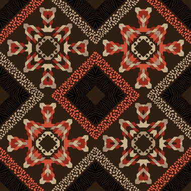 Zebra çizgili, leopar benekli ve Aztek elementli tasarım. Etnik boho süsü. Kusursuz bir geçmişi var. Kabile motifi. Web tasarımı veya yazdırma için vektör illüstrasyonu.