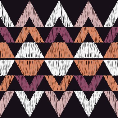 Aztek elementleri. Çizgili üçgenler. Etnik boho süsü. Kusursuz bir geçmişi var. Kabile motifi. Web tasarımı veya yazdırma için vektör illüstrasyonu.