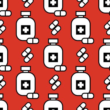 İlaç ikonları. Düz çizgi tarzı. Yatay yansıtma. Web tasarımı veya yazdırma için vektör illüstrasyonu.