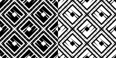 İki görüntü seti. Siyah ve beyaz pürüzsüz bir arka plan. Elle kumandalı tasarım. Etnik boho süsü. Kusursuz bir geçmişi var. Kabile motifi. Web tasarımı veya yazdırma için vektör illüstrasyonu.