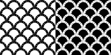 İki görüntü seti. Siyah ve beyaz pürüzsüz bir arka plan. Elle kumandalı tasarım. Etnik boho süsü. Kusursuz bir geçmişi var. Kabile motifi. Web tasarımı veya yazdırma için vektör illüstrasyonu.