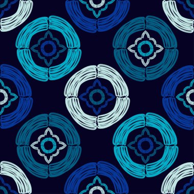 Elle kumandalı tasarım. Mavi. Desenli doku. Etnik boho süsü. Kusursuz bir geçmişi var. Web tasarımı veya yazdırma için vektör illüstrasyonu.