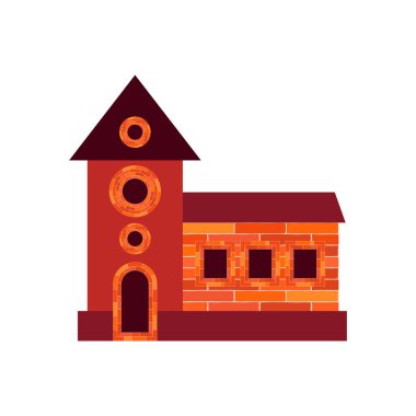 Pencereleri ve temeli olan eski bir tuğla ev beyaz arka planda izole edilmiştir. Kırmızı ve kahverengi. Web tasarımı veya yazdırma için vektör illüstrasyonu.