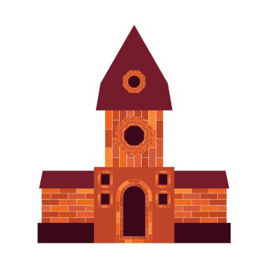 Pencereleri ve temeli olan eski bir tuğla ev beyaz arka planda izole edilmiştir. Kırmızı ve kahverengi. Web tasarımı veya yazdırma için vektör illüstrasyonu.