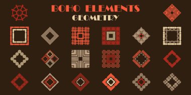 Bir dizi BOHO elemanı. Geometri. Elle kumandalı tasarım. Etnik boho süsü. Kabile motifi. Web tasarımı veya yazdırma için vektör illüstrasyonu.