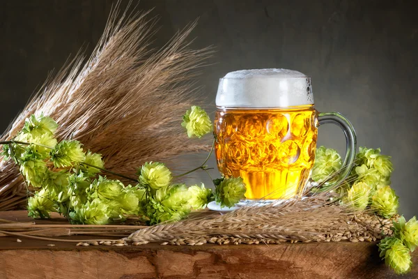 Copo de cerveja e lúpulo — Fotografia de Stock