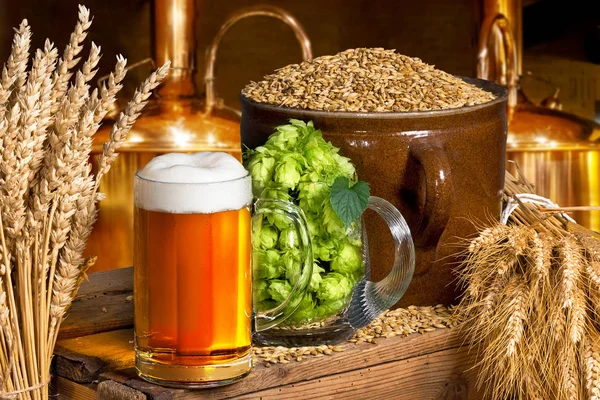 Bicchiere di birra con luppolo e orzo nel birrificio — Foto Stock