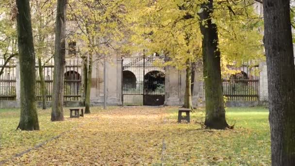 Staré historické brány v podzimní park. — Stock video