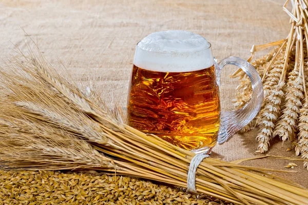 Пивний келих зі снопом ячменю та пшениці — стокове фото