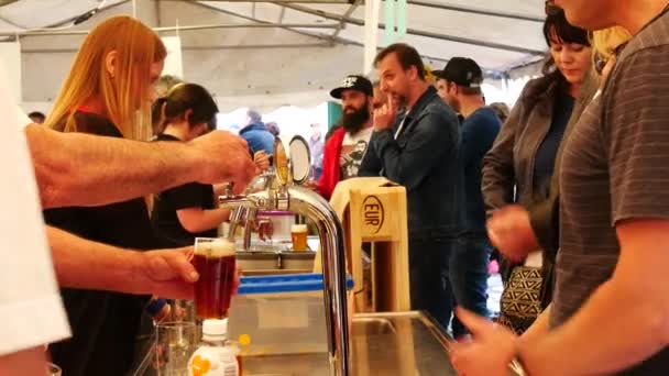 ZATEC TOWN, RÉPUBLIQUE TCHÈQUE - 6 MAI 2017 : Ouverture de la saison traditionnelle du houblon. Les gens boivent de la bière traditionnelle tchèque dans la tente de bière. Zoom avant. En temps réel. Avec son . — Video