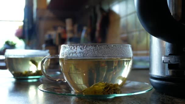 Detail of Tea Cups. Steam Rises from the Cup. — Stock Video