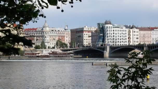 Nationale Nederlanden byggnad med floden Moldau i Prag. Ingen rörelse Camer — Stockvideo