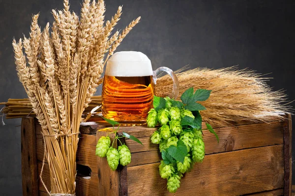 Vaso de cerveza y materia prima para la producción de cerveza — Foto de Stock