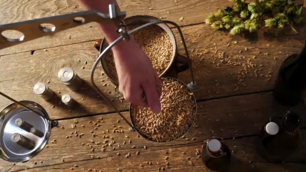 Home Brewing of Beer. Man Weighs Barley. View Above. — Stock Video