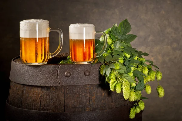 Dos vasos de cerveza con conos de lúpulo — Foto de Stock