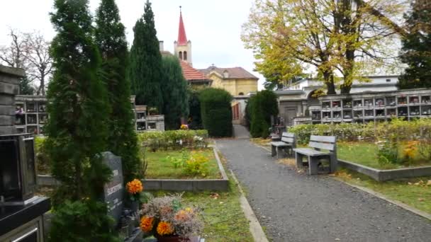 ZATEC TOWN, CZECH  REPUBLIC- OCTOBER 28, 2017: Cemetery in the town of Zatec in the All Souls' Day. — Stock Video