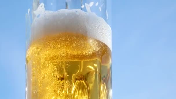 Bier ins Glas gießen. Blasen steigen. Rotation. — Stockvideo