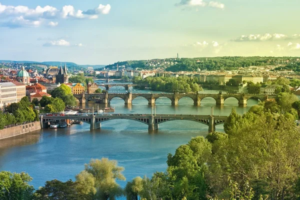 Praag bruggen en de rivier Vltava in de zomer. Tsjechische Republiek. — Stockfoto