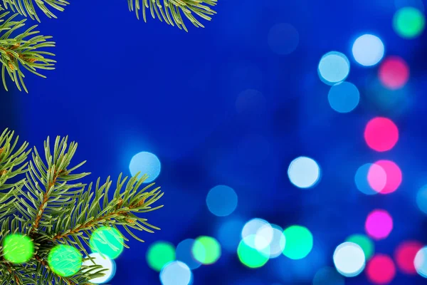Blue Christmas Background with Christmas Twig and Unfocused Ligh — Stock Photo, Image