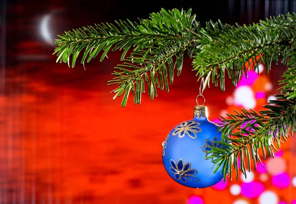Bola de Natal azul com galho de Natal no fundo vermelho . — Fotografia de Stock
