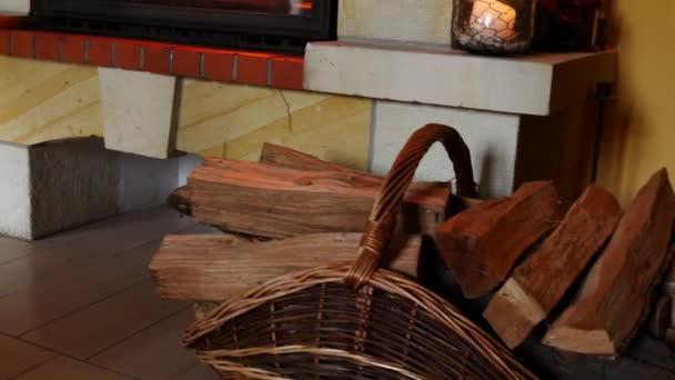 Basket Firewood Front Fireplace Panning — Stock Video