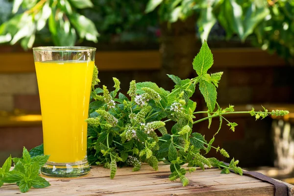 Glass of Juice with Peppermint in the Garden. — Stock Photo, Image