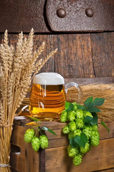 Stillleben mit Bierglas und Rohmaterial für die Bierproduktion — Stockfoto