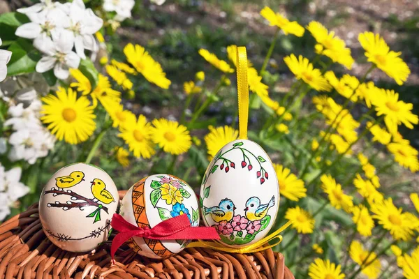 Huevos de Pascua pintados con flores amarillas en el jardín — Foto de Stock