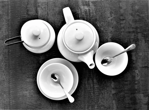 Біла Порожня Чашка Чорний Чай Цукор Ними Гаряча Вода Плоска — стокове фото