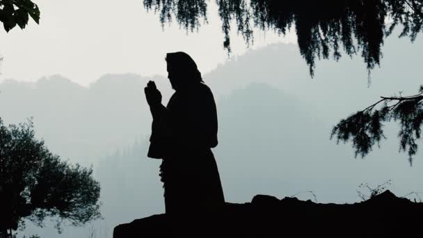 Silhouette d'un homme en prière en sweat à capuche sur fond de nature — Video
