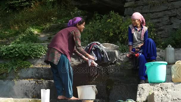 MANALI, INDIA - 24 SEPTIEMBRE 2016: Las mujeres indias lavan la ropa — Vídeos de Stock