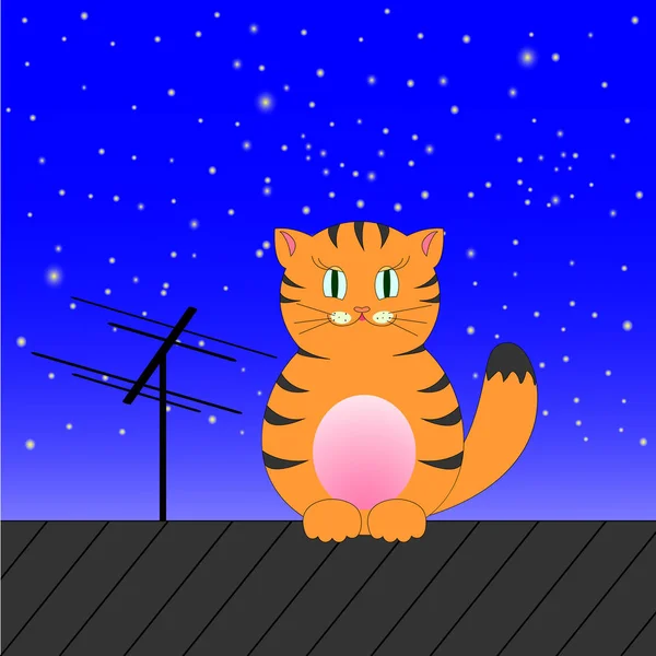 Рыжая кошка сидит на крыше на фоне неба — стоковый вектор