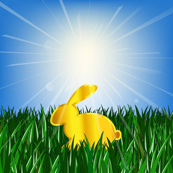 Gyllene påsk kanin på grönt gräs mot den ljusa glänsande solen med strålar av ljus — Stock vektor