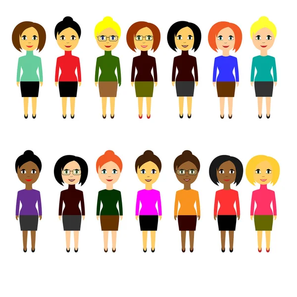 Verschiedene Geschäftsleute unterschiedlicher Nationalitäten. Frauen. einfacher flacher Stil auf weißem Hintergrund — Stockvektor