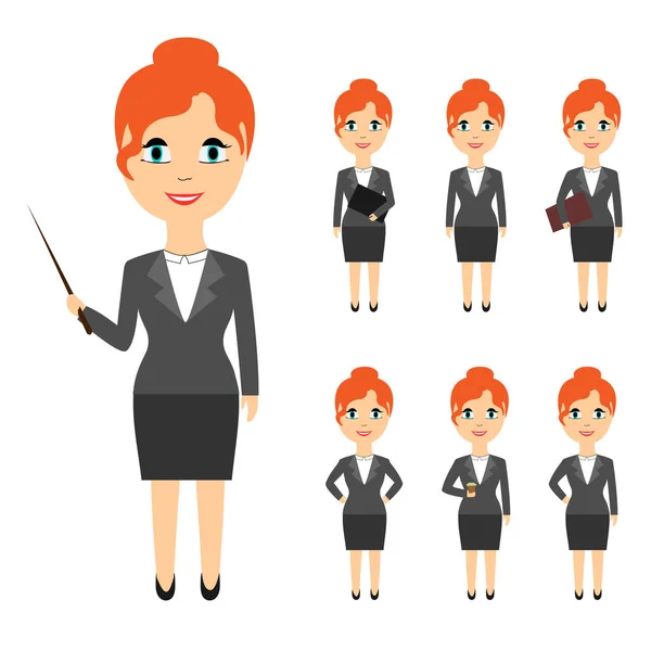 Het aantal mensen uit het bedrijfsleven in vlakke stijl geïsoleerd op een witte achtergrond. Vrouwen met rode haren in verschillende poses in office kleding — Stockvector