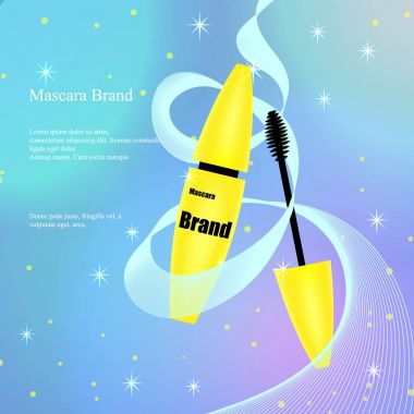 Kozmetik reklam afiş, katalog, afiş, sarı maskara sparkles ve swirls hafif bir arka plan üzerinde fırça ile. Ambalaj tasarım, ürün tanıtım. 3D vektör çizim.