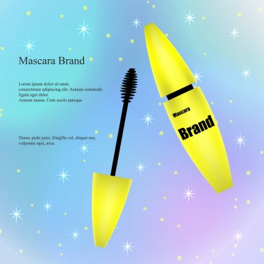 Kozmetik reklam afiş, katalog, afiş, sarı maskara sparkles hafif bir zemin üzerine fırça ile. Ambalaj tasarım, ürün tanıtım. 3D vektör çizim.
