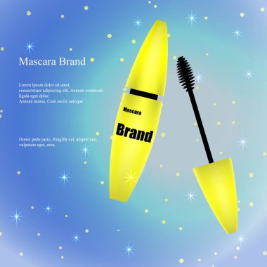 Kozmetik reklam afiş, katalog, afiş, sarı maskara sparkles hafif bir zemin üzerine fırça ile. Ambalaj tasarım, ürün tanıtım. 3D vektör çizim.