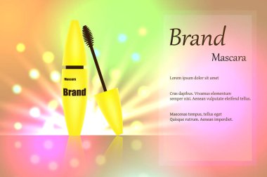 Sarı rimel fırçası kirpik ışık parlak noktalar ile hassas çok renkli arka plan üzerinde göz makyajı için için. Reklam, metin, poster, afiş, katalog. Gerçekçi 3d illüstrasyon vektör