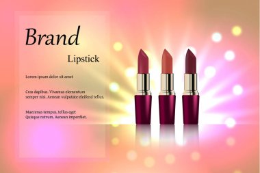 Tasarım kozmetik ruj ışık ışınları ve parlak noktalar nazik bir arka plan üzerinde farklı hassas tonlar. Marka, reklam, afiş, dizin. 3B vektör gerçekçi