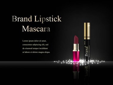 Tasarım kozmetik ruj ve maskara ışık ışınları ve parlak noktalar karanlık bir arka plan üzerinde. Marka, reklam, afiş, dizin. 3B vektör gerçekçi
