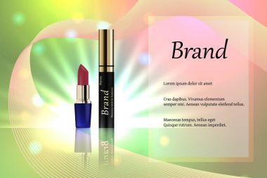 Tasarım kozmetik ruj ışık ışınları ve parlak noktalar nazik bir arka plan üzerinde farklı hassas tonlar. Marka, reklam, afiş, dizin. 3B vektör gerçekçi